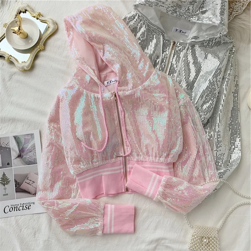 Sequin hoodie bomber jacket shiny sparkle pink black white stripe sporty womens - Picture 9 of 9